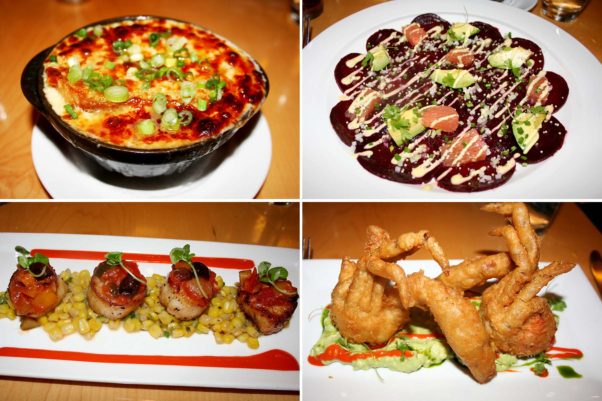 Central's spring menu includes its French onion soup (clockwise from top left), beet carpaccio, tempura fried soft shell crab and pan-seared Maine scallops topped with piperade. (Photos: Mark Heckathorn/DC on Heels)