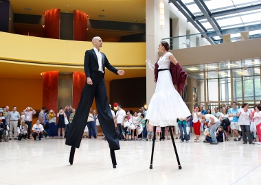 Dancers on stilts perform at the Italian Embassy during the EU embassies open house day in 2014. (Photo: Yuri Gripas)