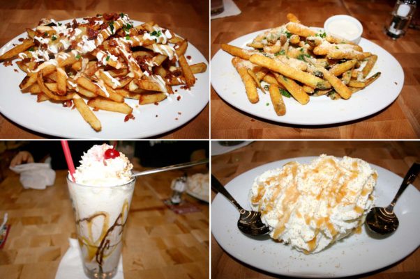 Zinburger's sides and desserts include load fries (clockwise from top left), zucchini fries, fresh banana cream pie and a banana royale milkshake. (Photo: Mark Heckathorn/DC on Heels)