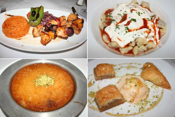Entrees (top row l to r) include tavuk sis, a chicken kebab, and  and kayseri mantisi, a pasta dish. Desserts (bottom row l to r) include künefe and baklava. (Photos: Mark Heckathorn/DC on Heels),