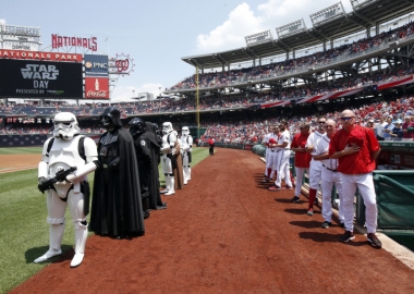 Star Wars characters in costume stand with the Washington Nationals after the national anthem on Star Wars day last year. (Photo: Alex Brandon/AP)