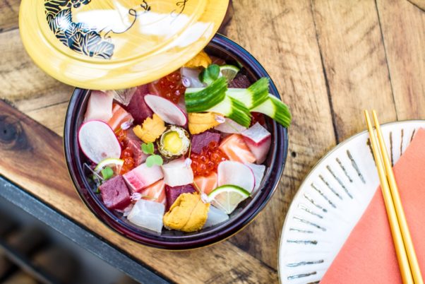 Chirashi, which means scattered sushi, is the chef’s selection of assorted fish with fresh sea urchin and salmon roe served over Matsuri sushi rice. (Photo: Farrah Skeiky)