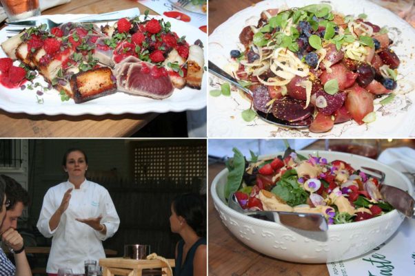 The first course included dry-rubbed pork belly and citrus-cured tuna (clockwise from top left), roasted baby beet roots and baby greens while pasty chef Jennifer Costa talks about the meal. (Photos: Mark Heckathorn/DC on Heels)