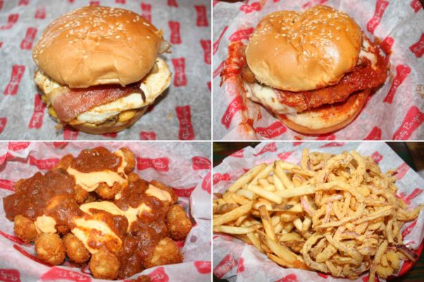 Menu choices include the Rise 'N Shine burger (clockwise from top left), the Chicky Chicky Parm Parm, a 50/50 basket of fries and rings and an tater tots. (Photos: Mark Heckathorn/DC on Heels)