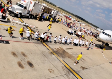 Teams of 25 will compete to see which can pull an 82-ton airplane 12 feet the fasted at the Dulles Day Plane Pull. (Photo: Dulles Day Plane Pull)