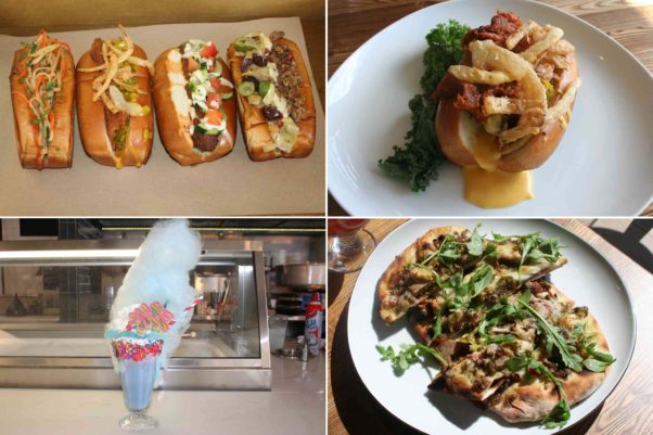 The menu includes several kinds of sausages (clockwise from top left); the signature HalfSmoke with beer cheese, crispy onions, mustard relish and pulled pork; rabbit sausage flatbread with tapenade, artichokes and pesto; and a cotton candy milkshake. (Photos: Mark Heckathorn/DC on Heels) 