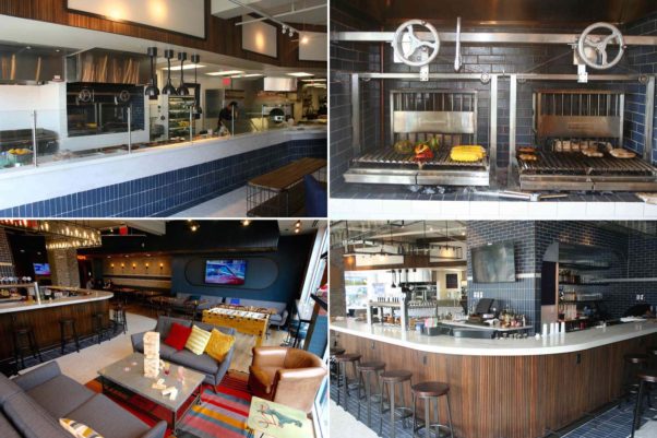 Inside HalfSmoke is the assembly line area (clockwise from top left), wood-burning parilla grills, 16-seat bar and dining room with sofas and games. (Photos: Mark Heckathorn/DC on Heels)