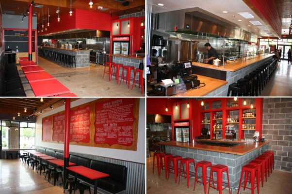 La Bamba's interior features a red and gray color scheme with a tables and counters (clockwise from top left), an open kitchen, 12-seat bar and tables with the menu written on chalk boards. (Photos: Mark Heckathorn/DC on Heels)
