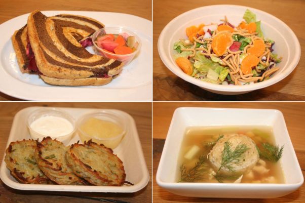 Dishes include a roasted beet Reuben (clockwise from top left), Chinatown chicken salad, matzo ball soup and potato latkes. (Photos: Mark Heckathorn/DC on Heels)