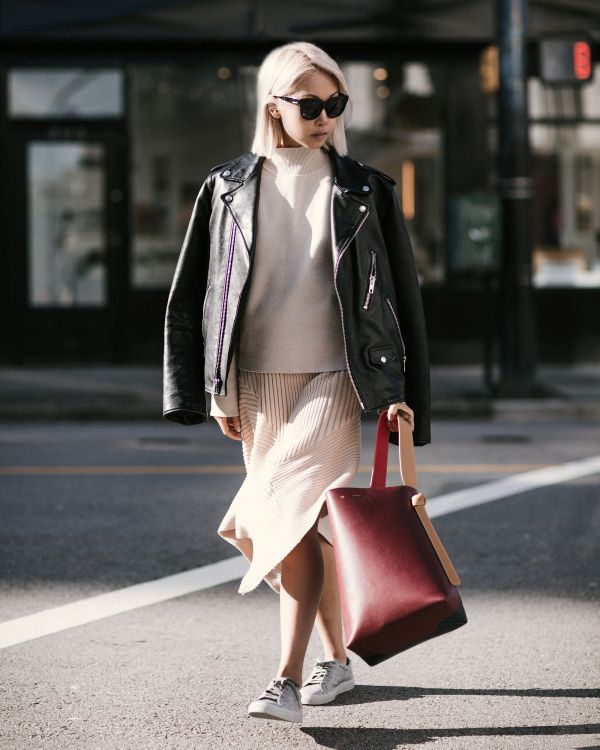 This oversized biker jackets takes your outfit from the office to a night on the town.  (Photo: The Haute Pursuit)