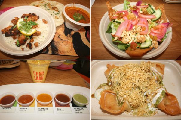 The menu features BBQ bowls including chicken with naan and tika masala (clockwise from top left, the Choolaah Salad, samosa chaat; and housemade sauces and mango lassi. (Photos: Mark Heckathorn/DC on Heels)