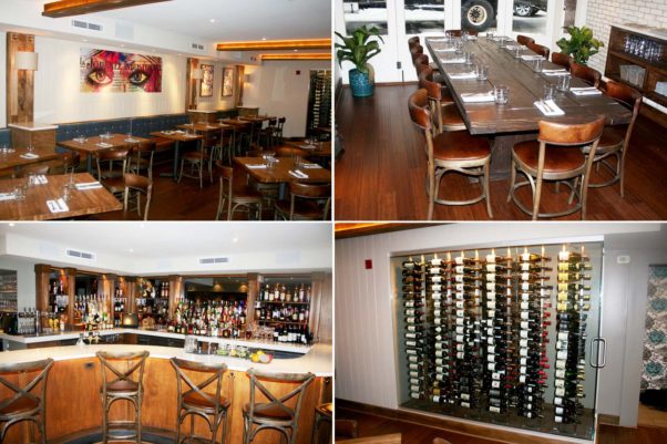 Le DeSales features a bright and airy dining room (clockwise from top left), a communal talbe, 300-bottle glass wine cellar and an S-shaped white-stone bar. (Photos: Mark Heckathorn/DC on Heels)
