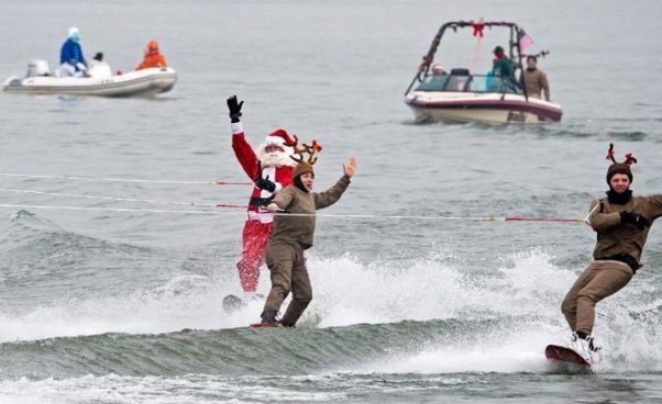 Santa and his reindeer ski into Old Town Alexandria's waterfront at 1 p.m. on Sunday. (Photo: AFP)