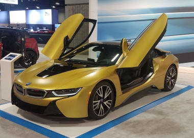 The BMW i8, combines a plug-in hybrid drive system with a passenger cell made from carbon-fiber-reinforced plastic and an aluminum frame The 2+2-seater is one of the cars on display at the Washington Auto Show. (Photo: Mark Heckathorn/DC on Heels)