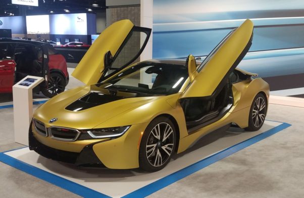 The BMW i8, combines a plug-in hybrid drive system with a passenger cell made from carbon-fiber-reinforced plastic and an aluminum frame. The 2+2-seater is one of the cars on display at the Washington Auto Show. (Photo: Mark Heckathorn/DC on Heels)