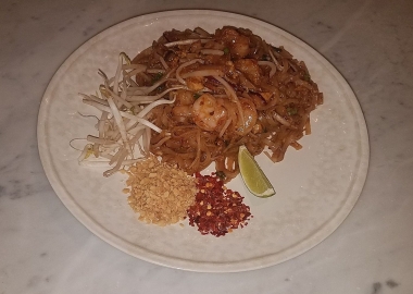 Phad thai shirmp is served with sprouts, peanuts, red chili flakes and lime on the side so it can be added to suit individual diner's tastes. (Photo: Mark Heckathorn/DC on Heels)