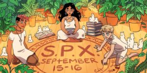 Three cartoon children sitting around a cricle with S.P.X. September 15-16 written in it. (Graphic: Small Press Expo)