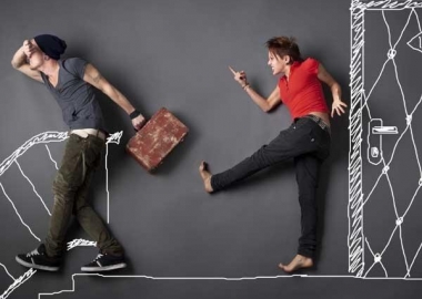 A woman kicking a man on a gray background with the door, steps and rail hand drawn. (Photo: Shutterstock)