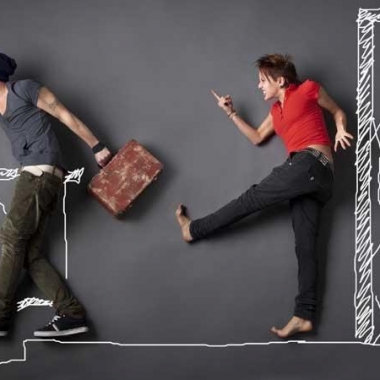 A woman kicking a man on a gray background with the door, steps and rail hand drawn. (Photo: Shutterstock)