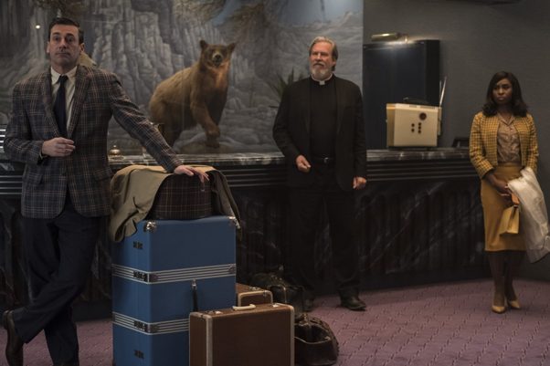 John Hamm, Jeff Bridges and Cynthia Ervio stand int eh the lobby of the El Royale. (Photo: 20th Century Fox)