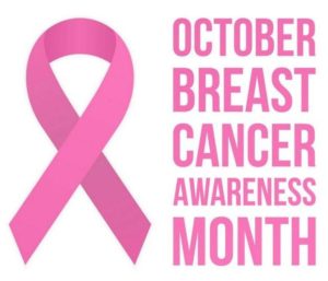 Pink ribbon to left of the words "October Breast Cancer Awareness Month"