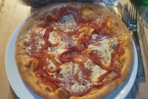 Nucia pizza at Lupo Marino with  salami, roasted mixed peppers, San Marzano tomatoes and fresh mozzarella. (Photo: Mark Heckathorn/DC on Heels