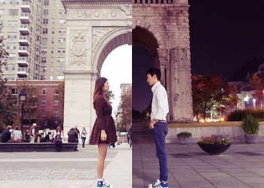 Danbi Shin (female) in NYC in front of an archway looking east, while Seok Li (male) in Seou faces west in front of a different archway. The two halves are comebined to create one photo. (Photo: ShinLiArt)