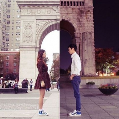 Danbi Shin (female) in NYC in front of an archway looking east, while Seok Li (male) in Seou faces west in front of a different archway. The two halves are comebined to create one photo. (Photo: ShinLiArt)