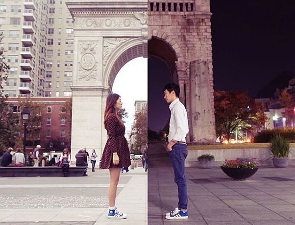 Danbi Shin (female) in NYC in front of an archway looking east, while Seok Li (male) in Seou faces west in front of a different archway. The two halves are comebined to create one photo. (Photo: ShinLiArt) 