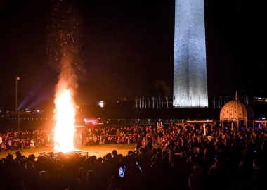 People gather around the Catharsis on the Mall's 