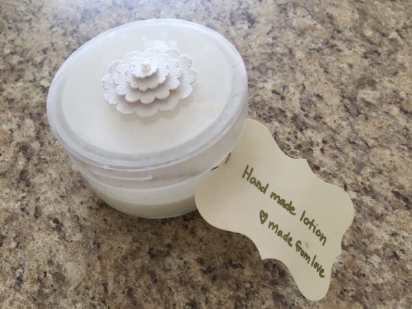 A fancy jar of homemade lotion with a tag on it that says "Hand Made Lotion ❤ with love" (Photo: Lisa Valdez)