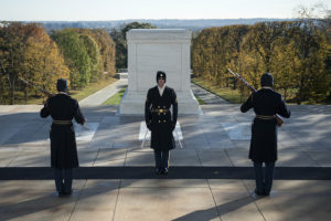 Three soldiers standing in front of the Tomb of the Unknown Soldier during the 2017 Veterans Day ceremony. (Photo: Arlington National Ceremony. (Photo: Arlington National Cemetery)