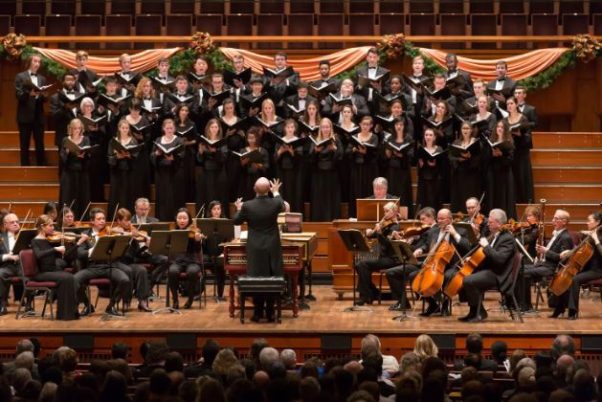 The National Symphony Orchestra and the University of Maryland Concert Choir on the stage of the Kennedy Center during a past performance of Handel's Messiah. (Photo: Scott Suchman)