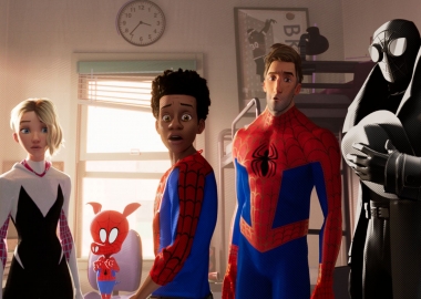 Standing l to r are Peni Parker, Spider Gwen, Spider-Ham, Miles Morales, Peter Parker and Spider-Man Noir. (Photo: Sony Pictures)