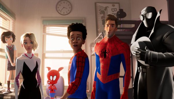 Standing l to r are Peni Parker, Spider Gwen, Spider-Ham, Miles Morales, Peter Parker and Spider-Man Noir. (Photo: Sony Pictures)