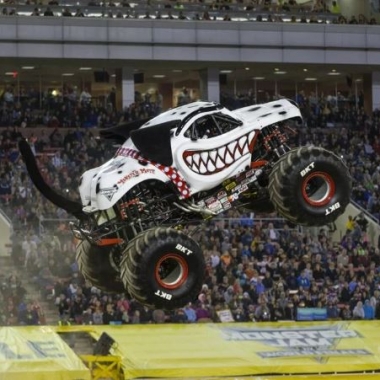 Monster Mutt Dalmation monster truck in mid air. (photo: Feld Entetainment)