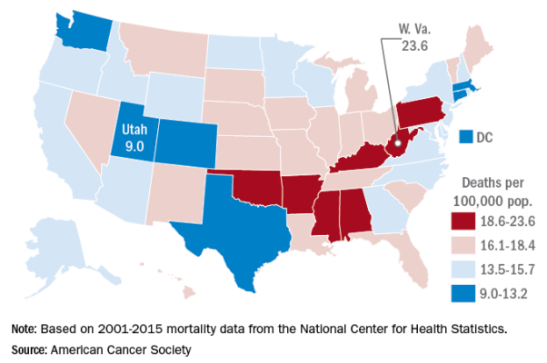 A map showing estimated colorectal cancer death rates in each state for 2018 based on American Cancer Society data. (Graphic: Frontline Medical News)