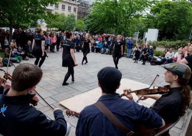 Ethnic dancers perform in front of an embassy in 2017. (Photo: European Delegation)