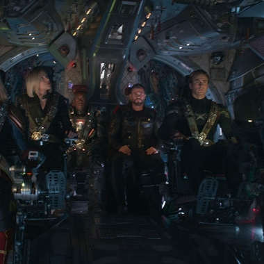 Captain Marvel, Black Window, War Machine, Thor, Captain American and Rocket in the cockpit of an airplane. (Photo: Marvel Studios)