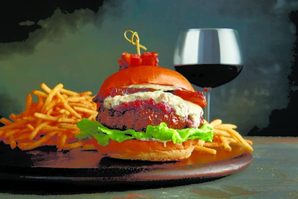 Mortons  Gorgonzola-Bacon Burger with fries and a glass of wine. (Photo: Morton's)