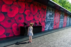 A little girl stands in front of the Poppy Wall of Honor covered in red poppies. (Photo: Rodney Choice/AP)