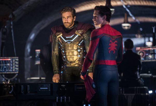 Mysterio (Jake Gyllenhaal) and Spider-Man (Tom Holland) in Nick Fury's headquarters. (Photo: Sony Pictures)