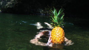 A woman holding a pineapple above water as she swims underwater. (Photo: Hirshhorn)