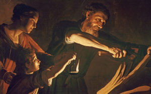 Painting of a man working while two children look on. (Photo: Museum of the Bible)
