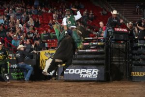 Keyshawn Whitehorse attempts to ride Windy Valley Buckers's Coal Train during the second round of the Albuquerque PBR  Unleash the Beast. (Photo: Andy Watson)