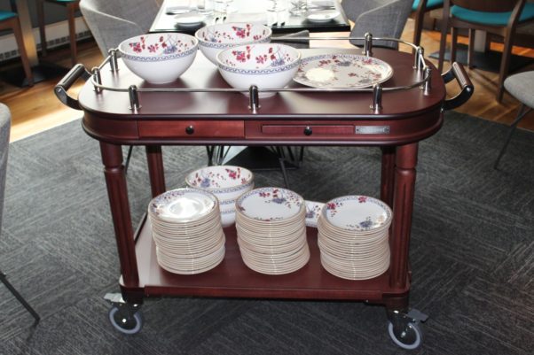 Wooden antipasti cart in dining room with empty dishes. (Photo: Mark Heckathorn/DC on Heels)