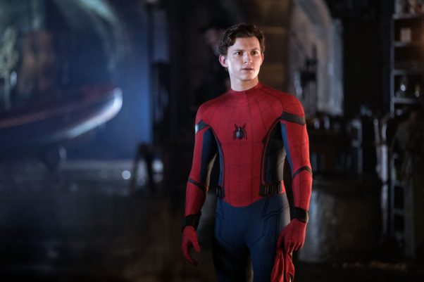 Peter Parker stand in his Spider-Man suit without his mask. (Photo: Sony Pictures)
