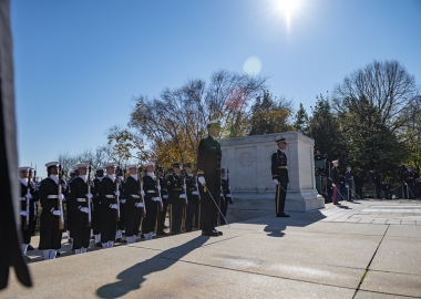 Members of the Armed Forces particiapte in an Armed Forces Full Honors Wreath-Laying Ceremony the Tomb of the Unknown Soldier. (Photo: Elizabeth Fraser/Arlington National Cemetery)
