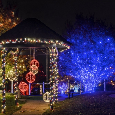 A gazebo and trees at Cameron Run decorated in lights. (Photo: Nova Parks)