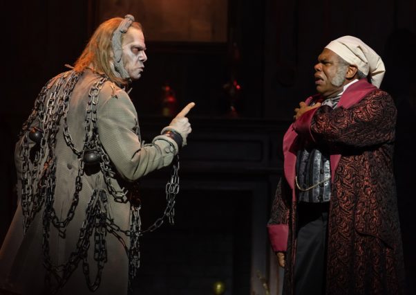 The ghost of Jacob Marley (Stephen F. Smith) visits Ebenezer Scrooge (Craig Wallace). (Photo: Scott Suchman)